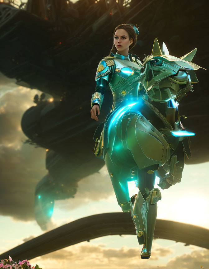 Futuristic knight in glowing armor on mechanical steed amidst floating airships