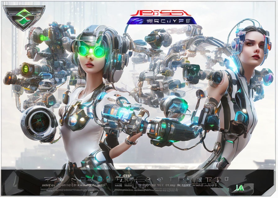 Futuristic female androids with intricate mechanical details and glowing green goggles in high-tech cityscape.