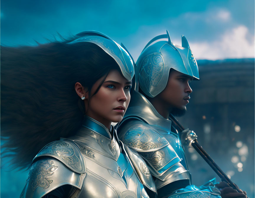 Two warriors in ornate armor with plumed helmets under a moody, blue-lit sky