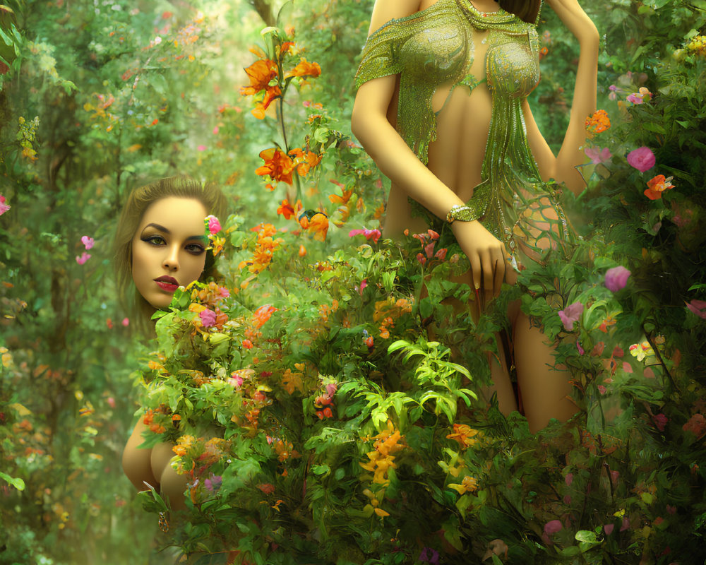 Digital Artwork: Two Women in Green Jewel-Adorned Dresses Among Lush Foliage