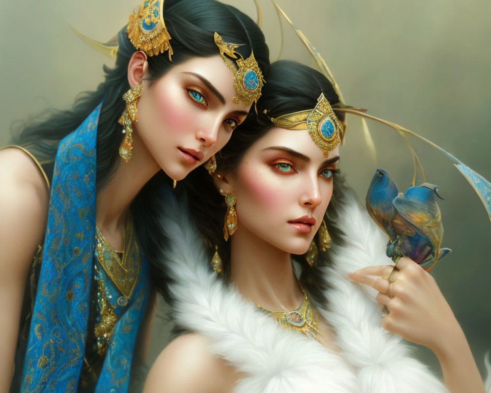 Fantasy figures with gold headpieces and bird in hand on muted background