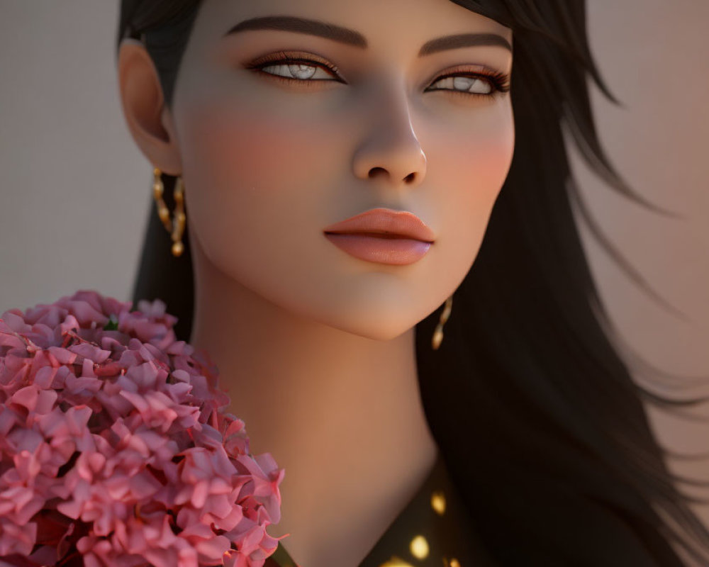 Brown-haired woman 3D rendering with pink hydrangeas and gold earrings