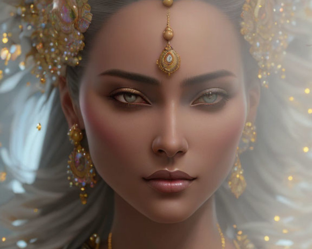 Regal woman with golden jewelry and intricate headdress.