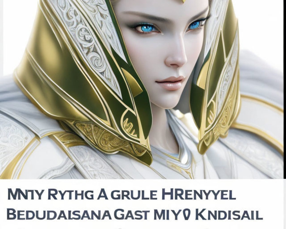 Ethereal female character in white and gold armor with blue eyes and scrambled letters poster