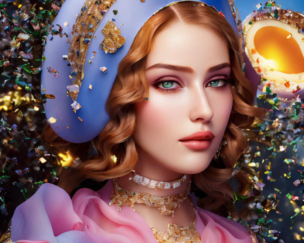 Intricate golden headwear and pastel rose gown in celestial setting