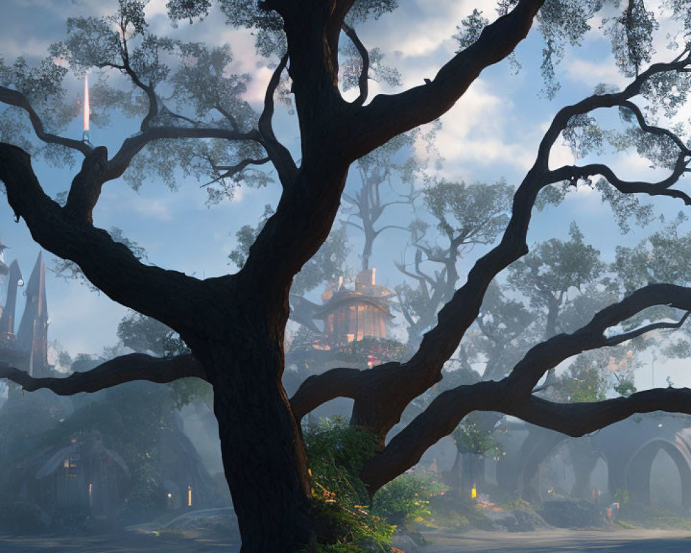 Mystical forest scene with large tree and integrated buildings