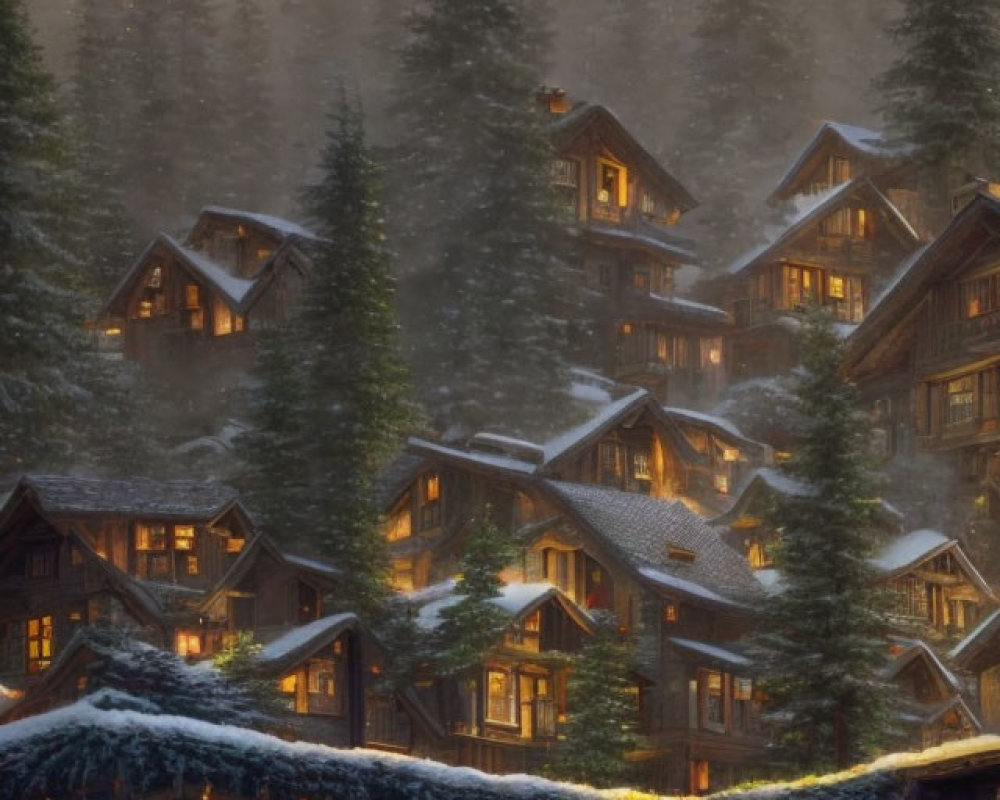 Snow-covered pine trees surround cozy mountain cabins with glowing windows at dusk