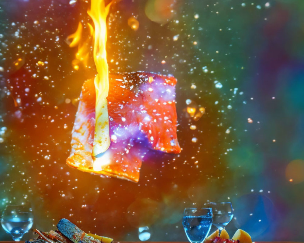 Colorful Tarot Card Burning in Flames on Bokeh Background with Wine Glasses