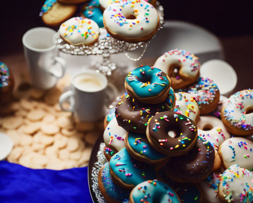 Colorful Sprinkled Donuts and Cookies on Tiered Stands with Cups