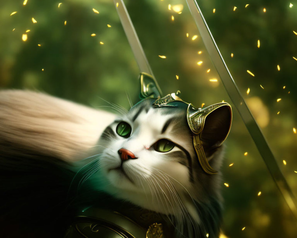 Cat in Knight's Helmet with Sword and Green Eyes in Magical Setting