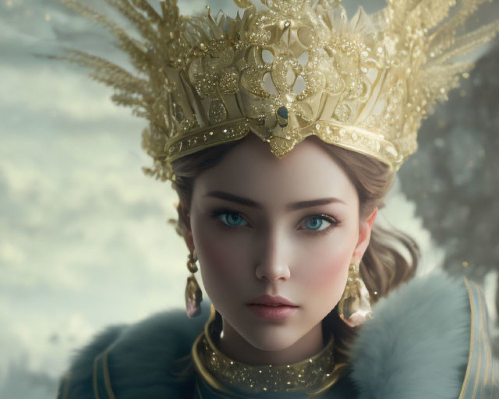 Regal woman with blue eyes in gold crown and armor.