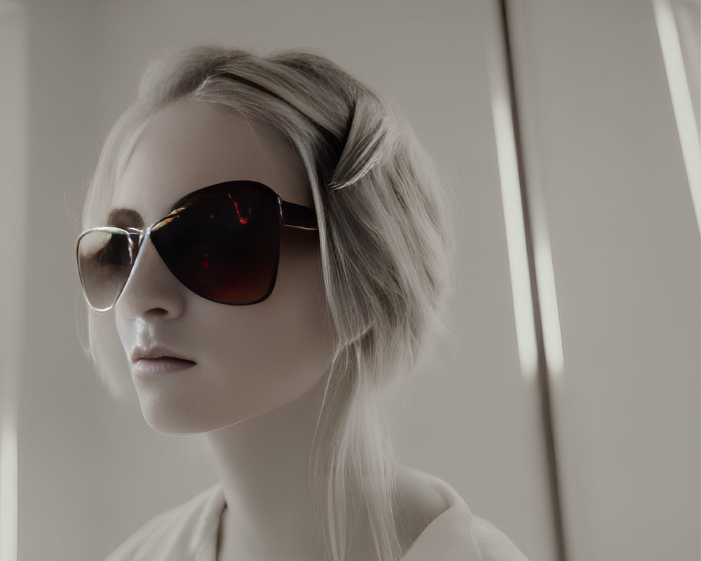 Blonde Woman in Dark Sunglasses in Softly Lit Room