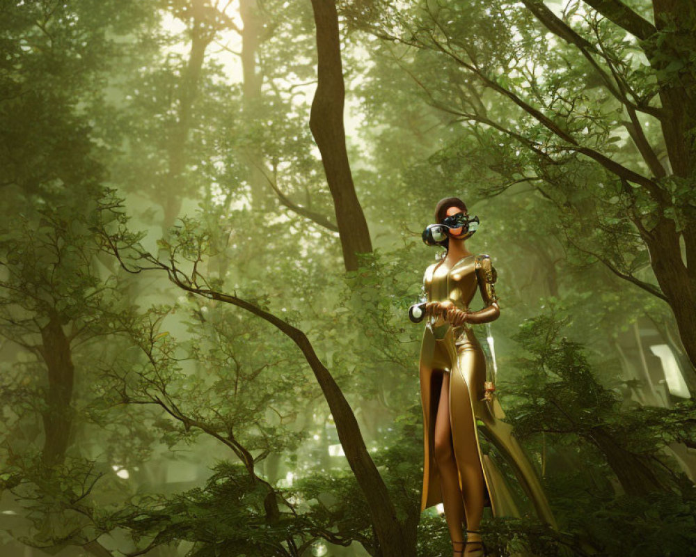 Futuristic woman in sleek suit and goggles in sunlit forest