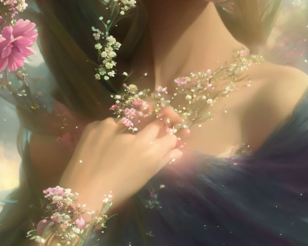 Woman with Flowing Hair and Pink Blossoms in Serene Illustration