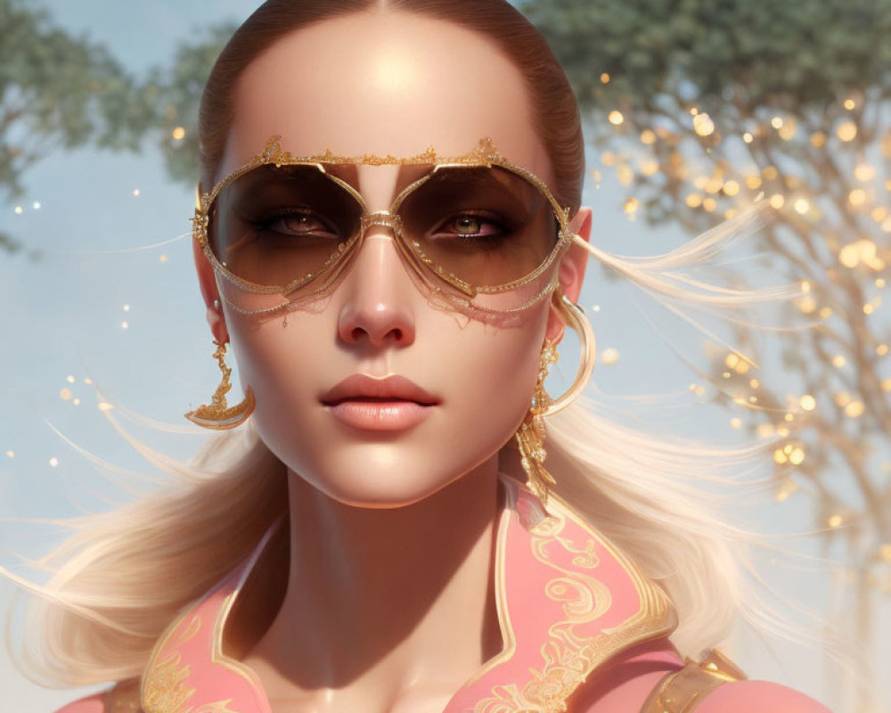 Portrait of Woman in Gold-Framed Sunglasses and Pink Outfit
