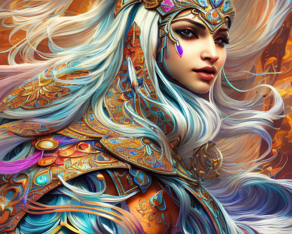 Detailed fantasy warrior illustration with ornate armor and white hair on fiery backdrop