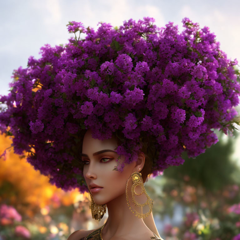 Woman with Vibrant Purple Flower Bouquet Headpiece and Golden Earrings