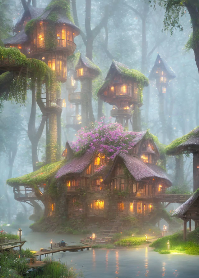 Misty Woods Treehouses with Glowing Windows & Ivy