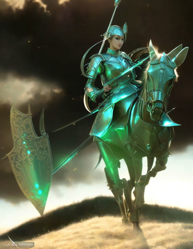 Teal-armored warrior on horseback under dramatic sky