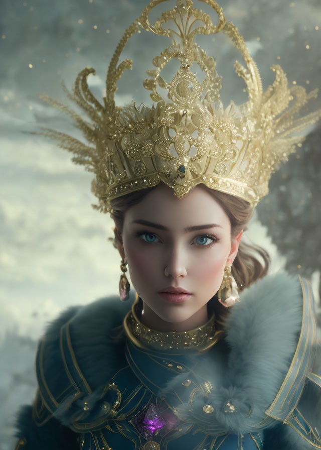 Regal woman with blue eyes in gold crown and armor.