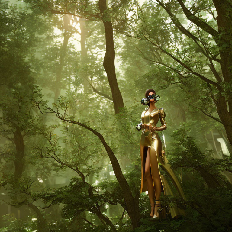 Futuristic woman in sleek suit and goggles in sunlit forest