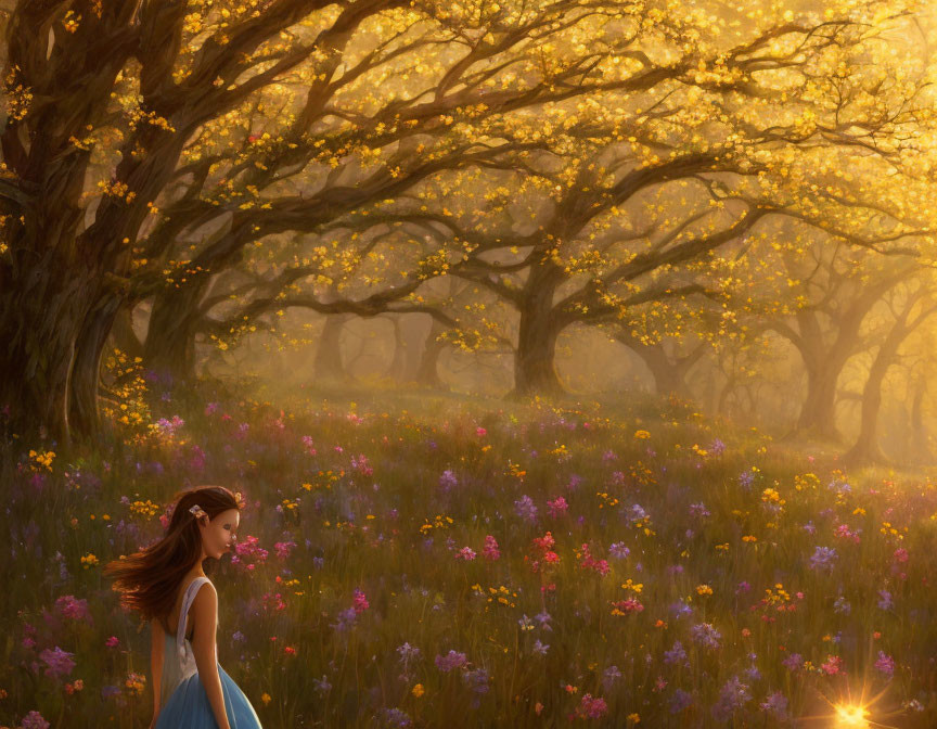 Woman in Blue Dress Walking Through Magical Forest with Blooming Trees and Purple Flowers