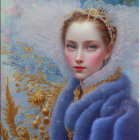 Fantasy illustration of figure with golden headpiece, blue eyes, wings, and blue fur