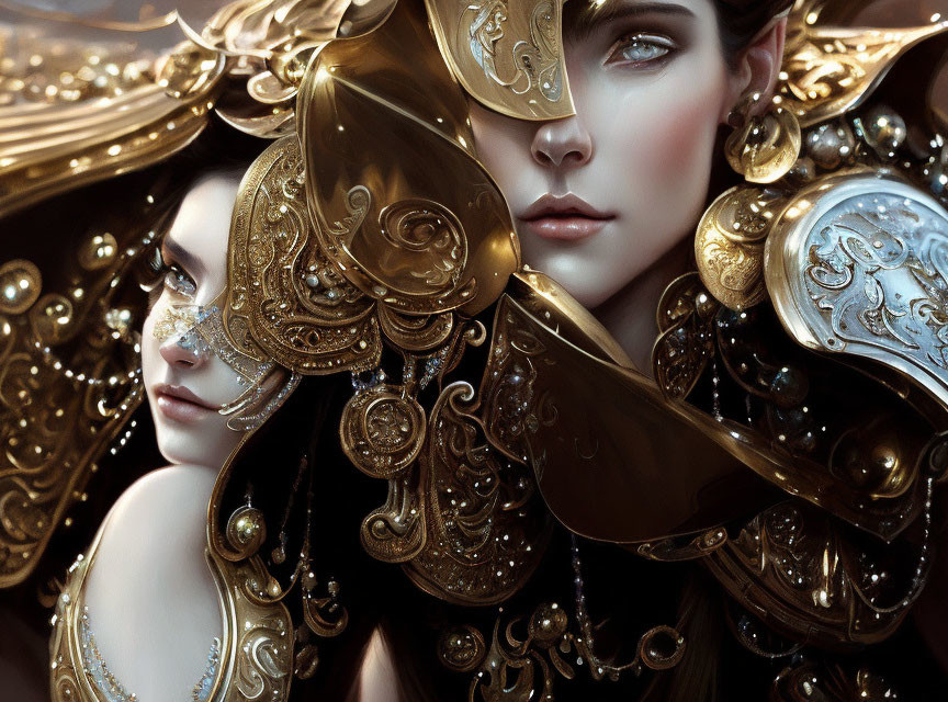 Two women adorned with golden accessories and intricate details, one with eye makeup looking at the viewer, the
