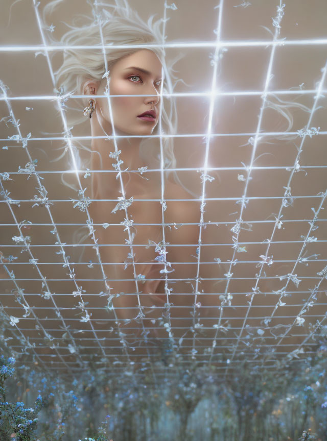 Ethereal woman with platinum blond hair and striking makeup behind illuminated grid adorned with small flowers.