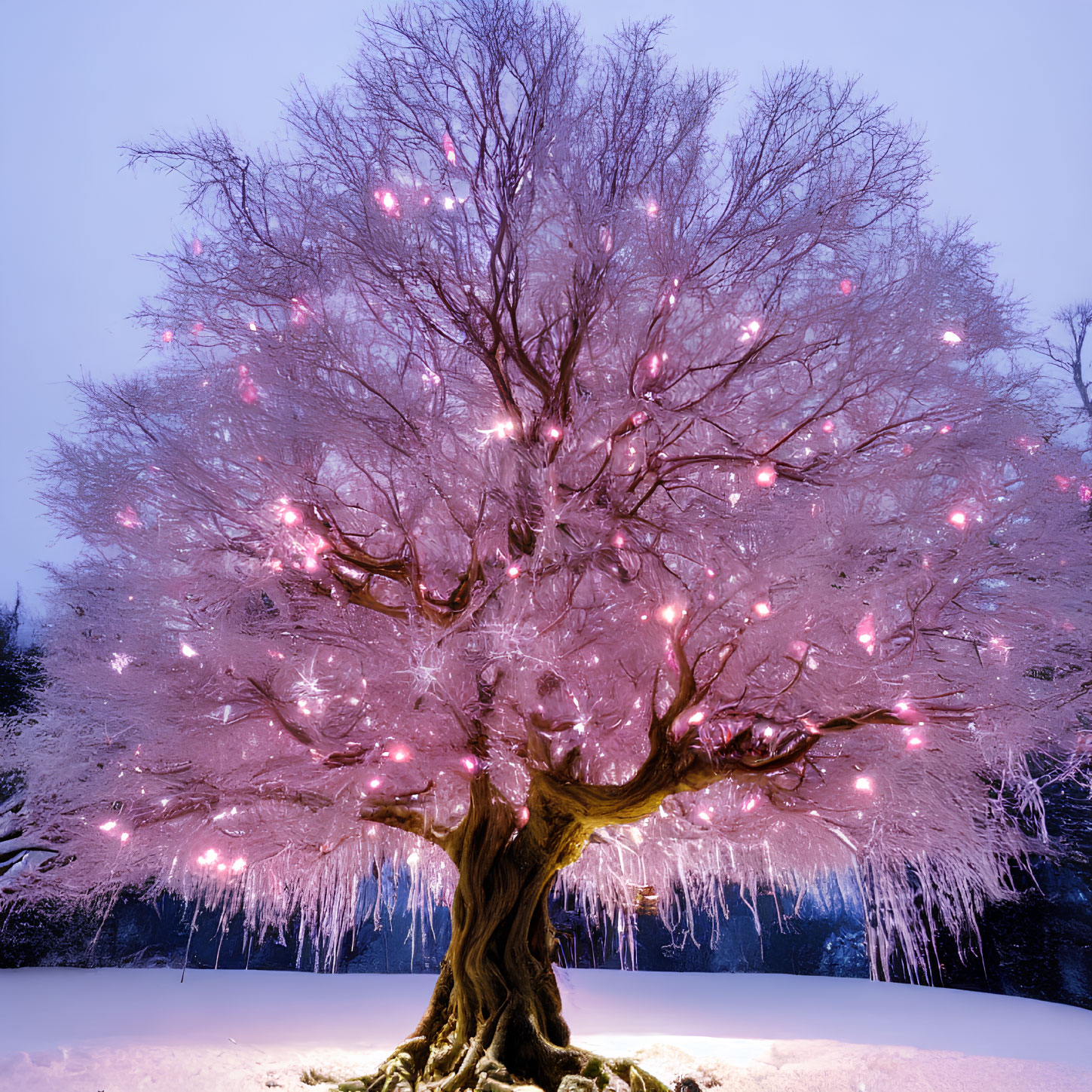 Snowy ground with pink-lit tree in twilight