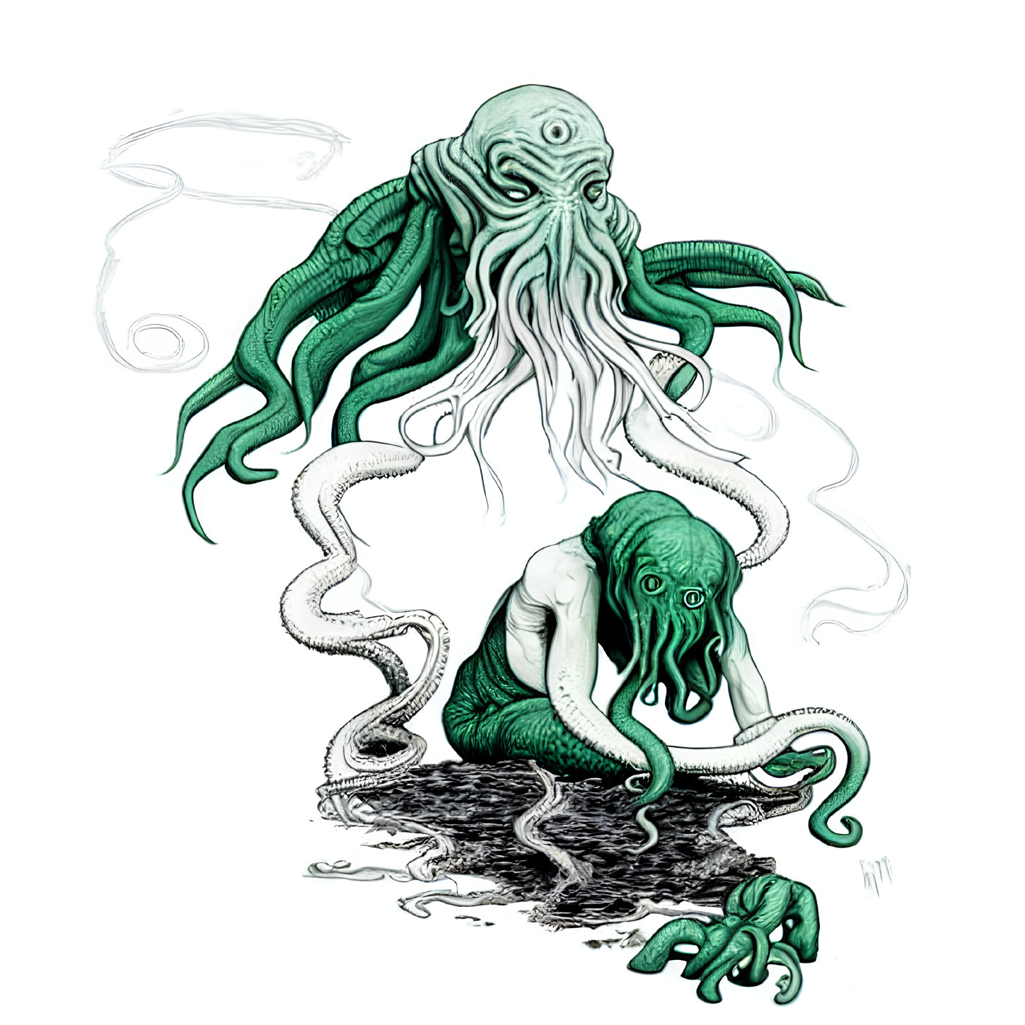 Illustration of two humanoid octopus creatures on white background