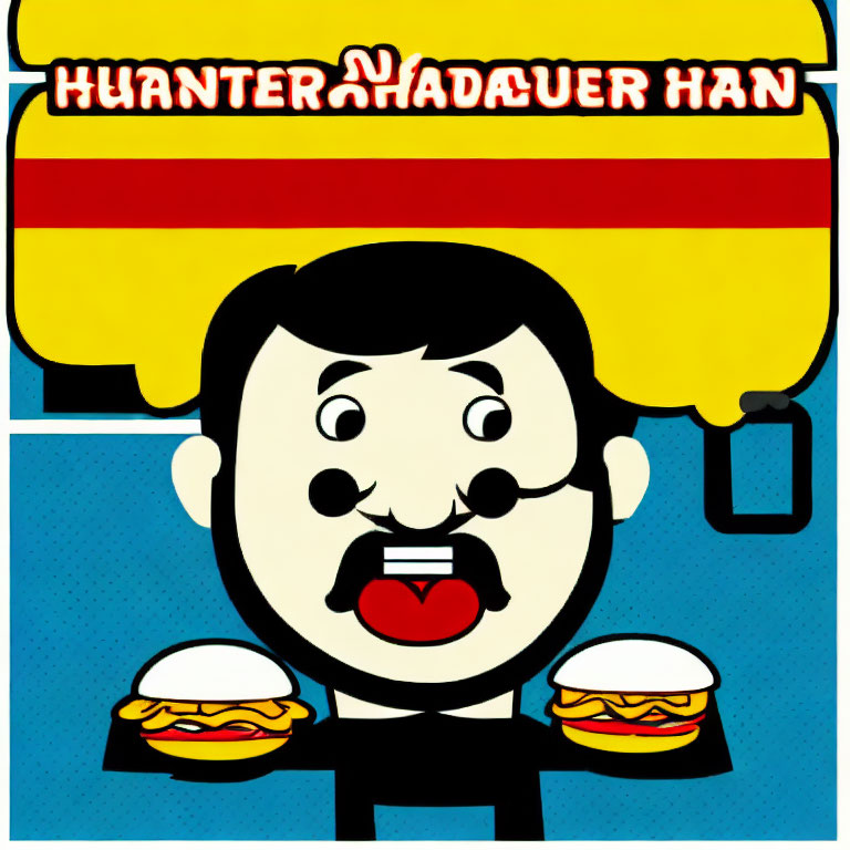 Vibrant pop art character with mustache and hamburgers in comic setting