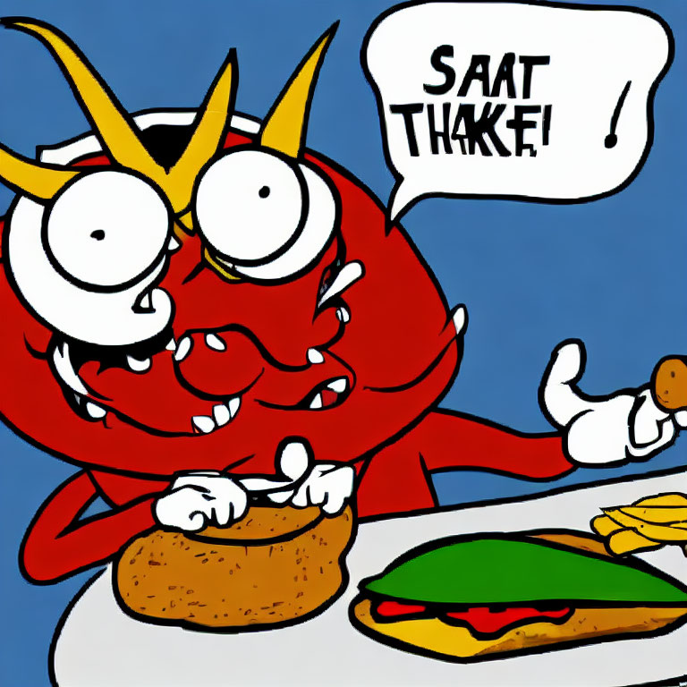 Red devil cartoon character with horns and tail saying "SAAT THAKE!" holding a drumstick over