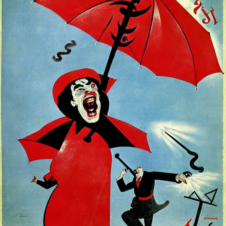 Classic Art: Woman with Umbrella Laughing in Rain, Man Struggling