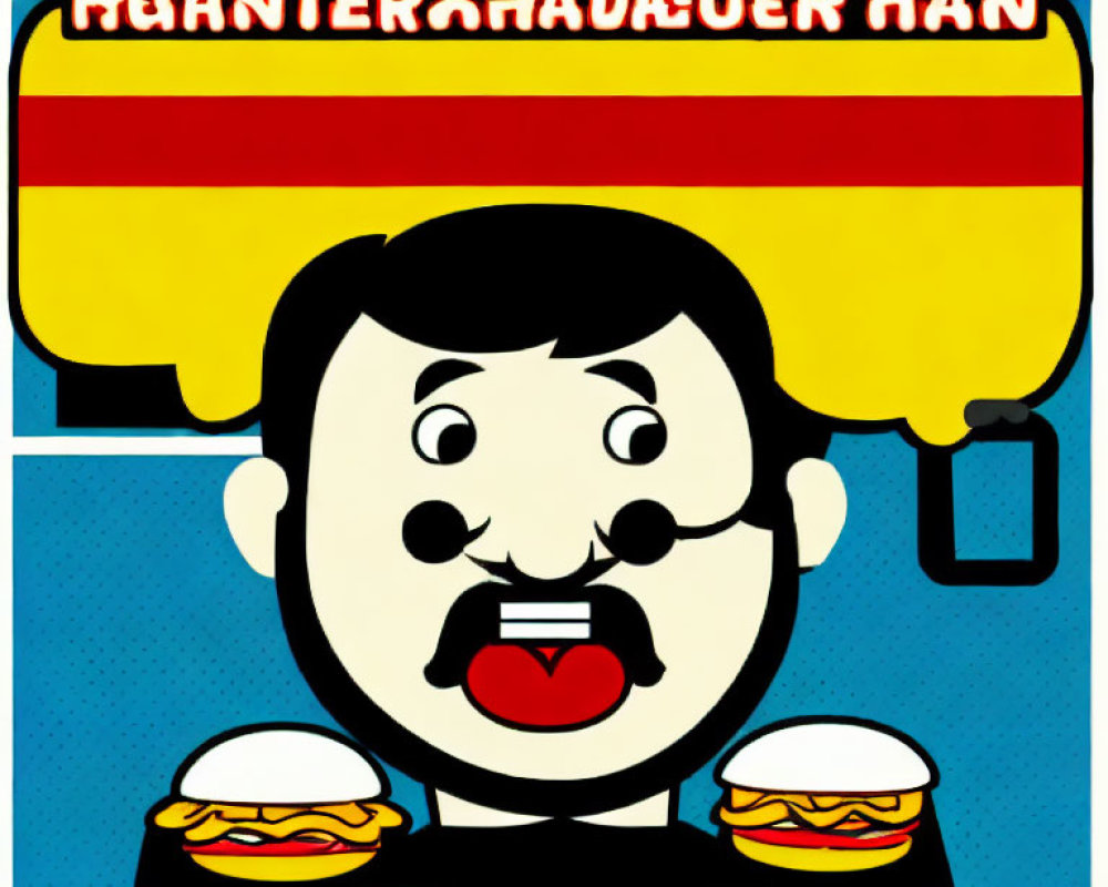 Vibrant pop art character with mustache and hamburgers in comic setting