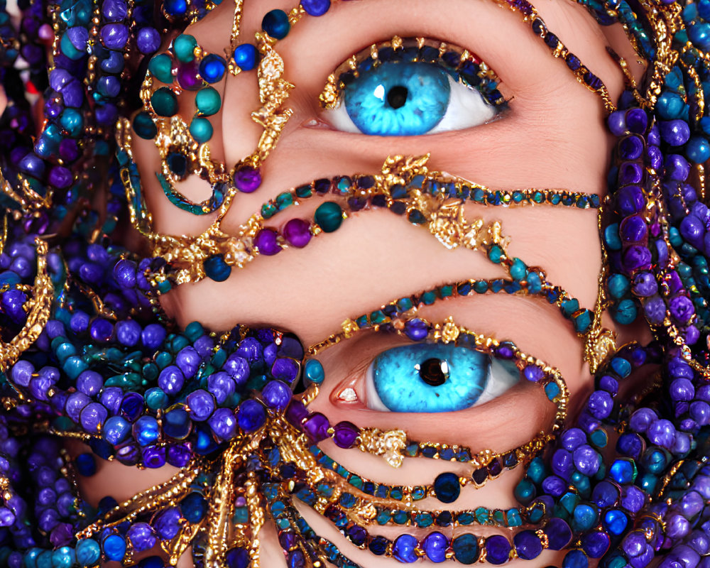 Close-up portrait of person with blue beads and gold chains accentuating blue eyes