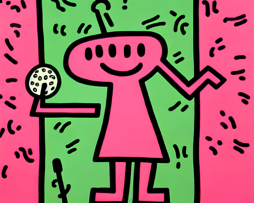 Colorful Pop Art Painting: Cartoon Figure in Pink with Microphone on Green Background