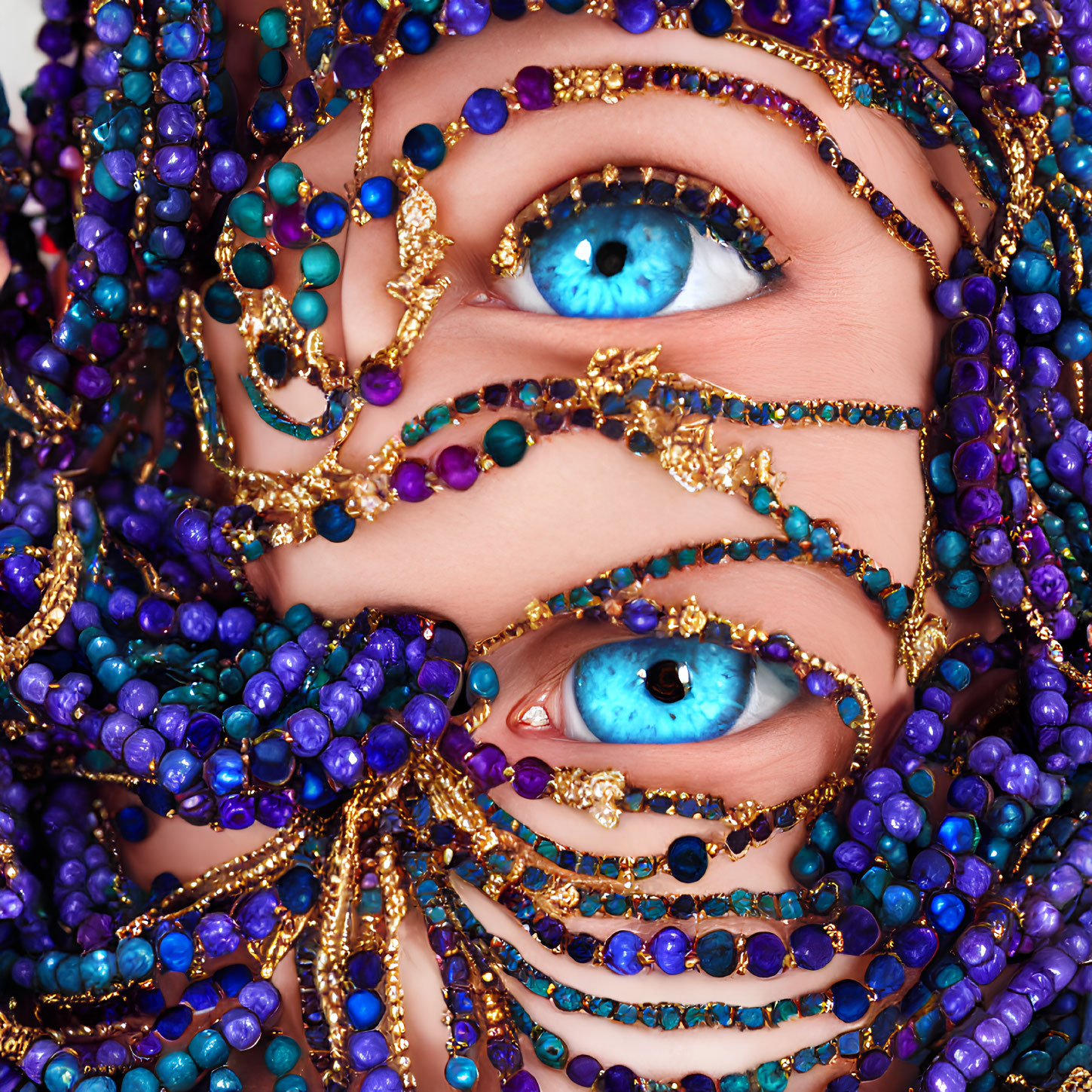 Close-up portrait of person with blue beads and gold chains accentuating blue eyes