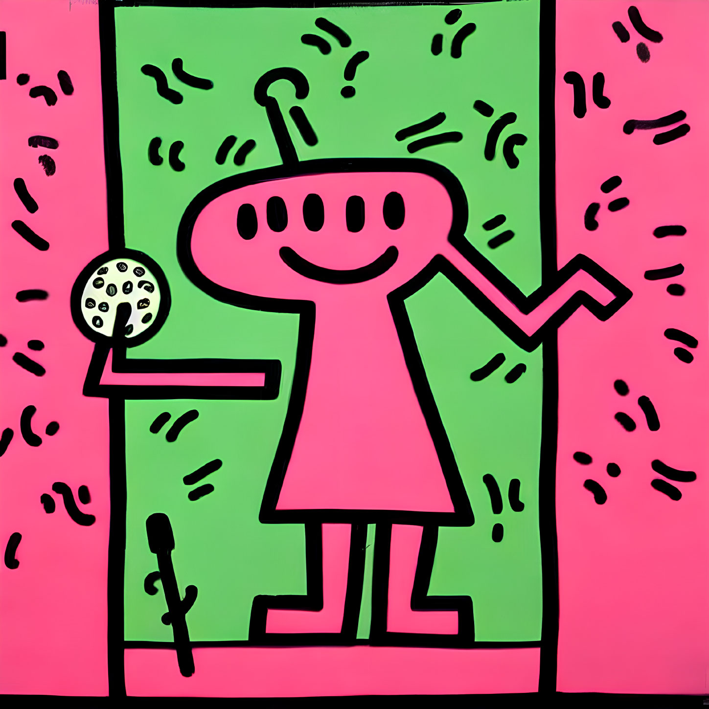 Colorful Pop Art Painting: Cartoon Figure in Pink with Microphone on Green Background