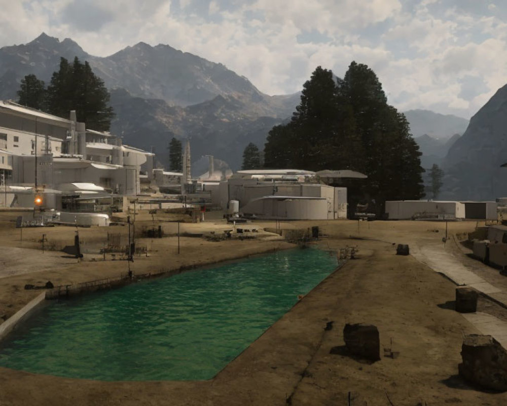 Military base in mountainous landscape with buildings, vehicles, and aqua pool