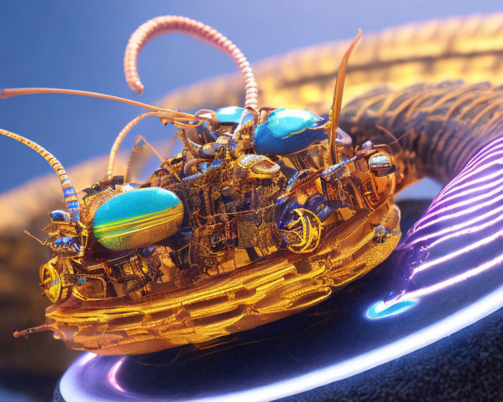 Detailed Robotic Insect with Metallic Components and Blue Eyes on Textured Surface
