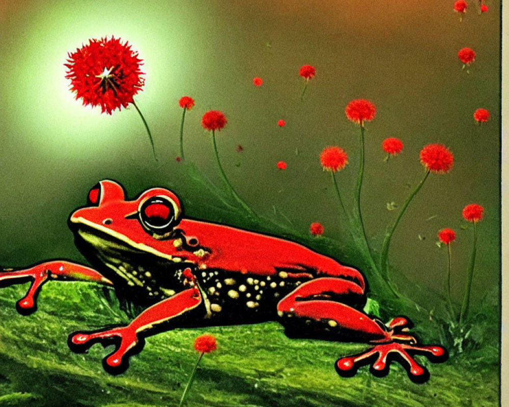 Colorful Red Frog on Green Branch with Flowers and Spiky Bloom