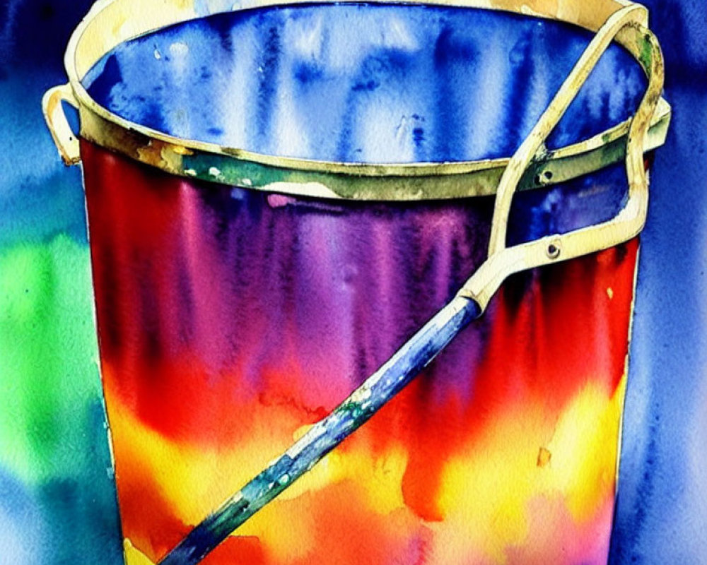 Colorful watercolor painting of bucket and paintbrush