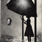 Silhouette of person with umbrella and Japanese text on rainy background