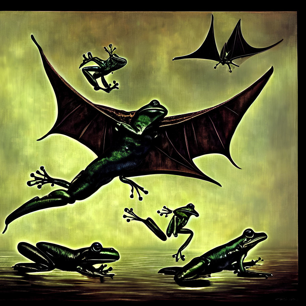 Frog-like creatures with bat wings flying over water, observed by other frogs