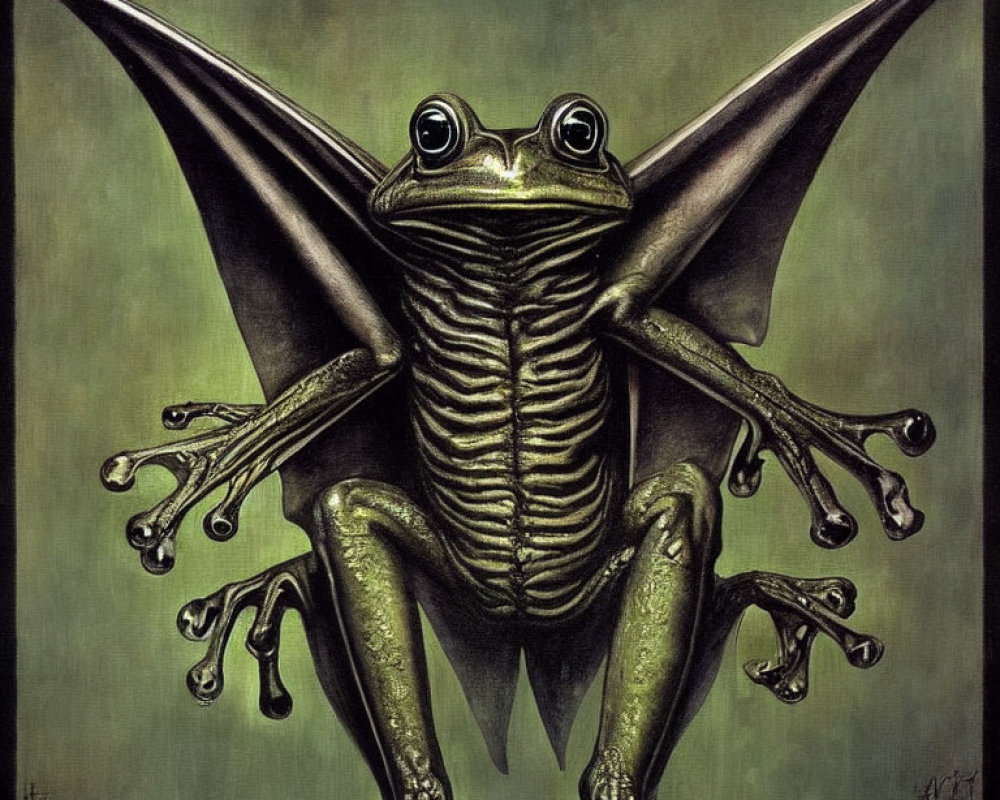 Detailed illustration: Frog with bat-like wings on dark green background