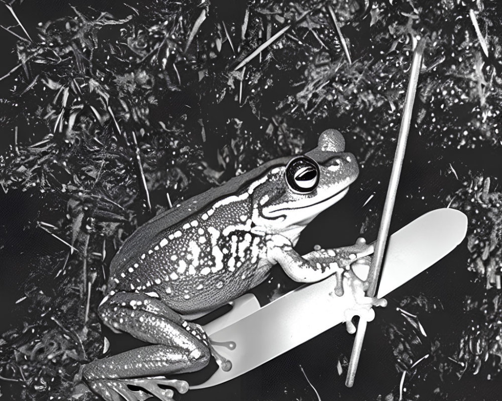 Monochrome frog on surfboard in lush setting