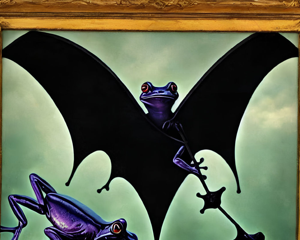 Purple frogs with bat wings in golden frame on green background