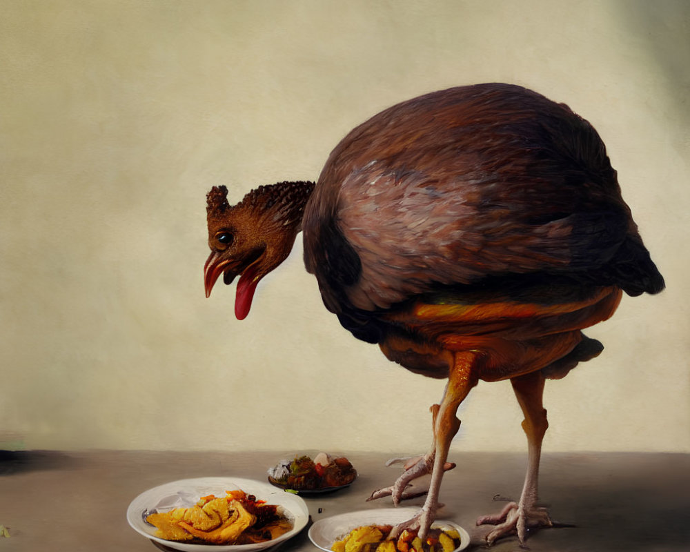 Surreal painting: Large chicken with small head eating from plates
