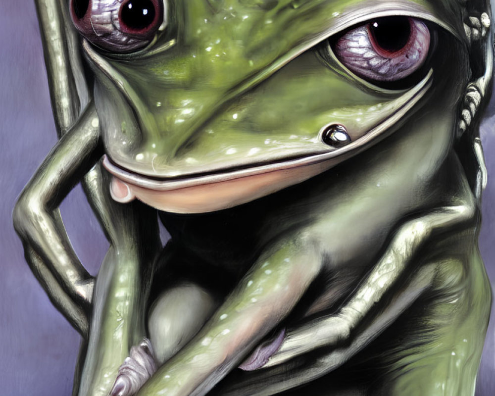 Detailed humanoid frog with multiple red eyes in contemplative pose